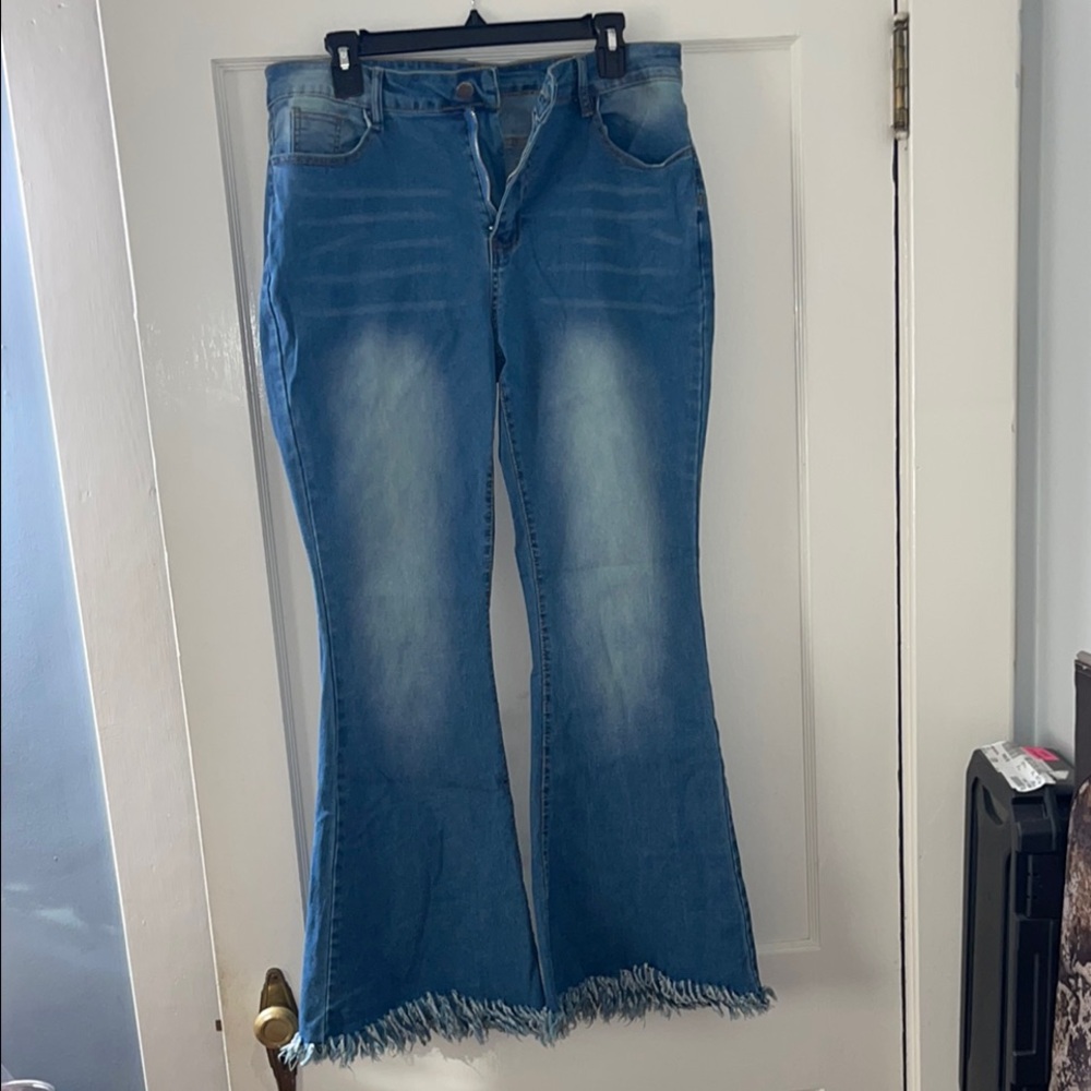 Blue Flared Fringe Jeans